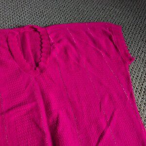 Very Unique Vintage Bright Pink Metallic Gold Stripes Knit V-Neck Shirt, size M